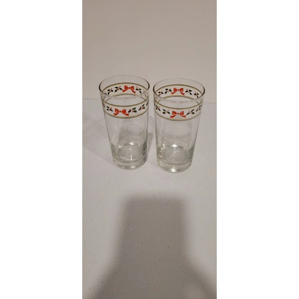 Vintage Anchor Hocking AHC83 Bow and Holly Gold and Green Bands Tumbler Set of 4